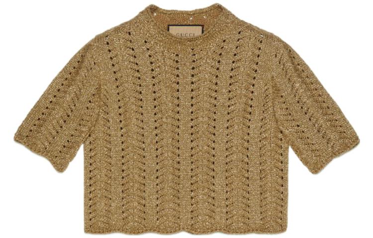 (Women) Gucci SS22 Brown Short Sleeve Cable Knit Sweater 705053-XKCGF-7184