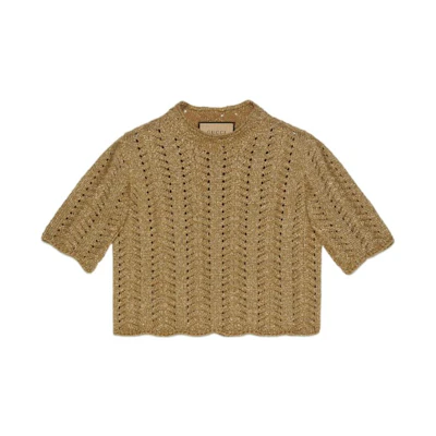 (Women) Gucci SS22 Brown Short Sleeve Cable Knit Sweater 705053-XKCGF-7184