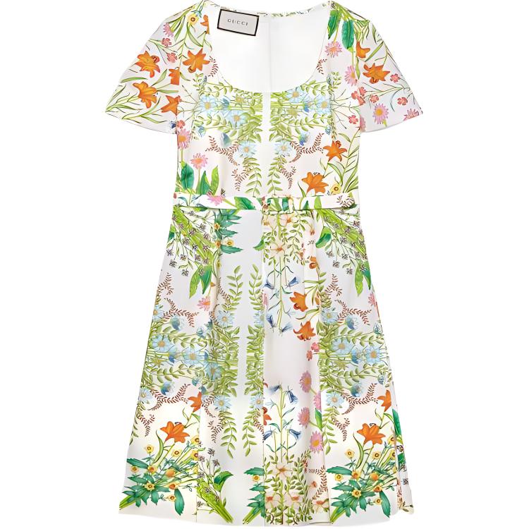(Women) Gucci SS22 Green Floral Print Short Sleeve Dress 619132-ZAFGD-9172