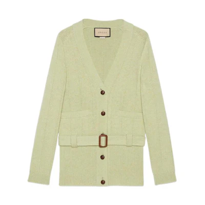 (Women) Gucci SS22 Green Knit V-Neck Tie Waist Long Sleeve Sweater 680890-XKB3A-3222