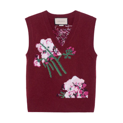 (Women) Gucci SS22 Red Floral Intarsia Knit Vest 663926-X1274-6412