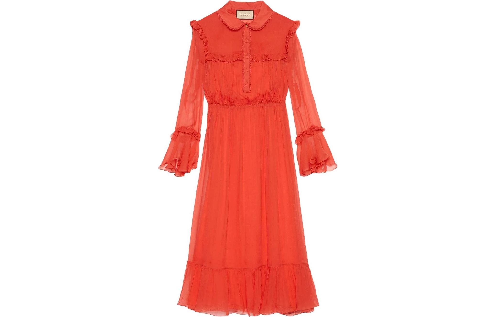 (Women) Gucci SS22 Ruffled Long Orange Casual Long Sleeve Dress 691487-ZHS78-5239