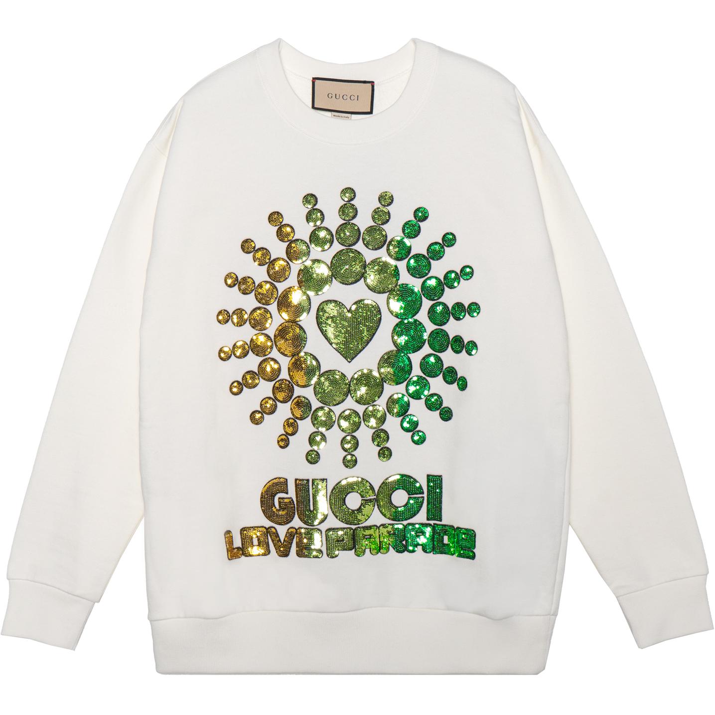(Women) Gucci SS22 Sequin Graphic Logo Crewneck Sweatshirt White 617964-XJEN5-9248