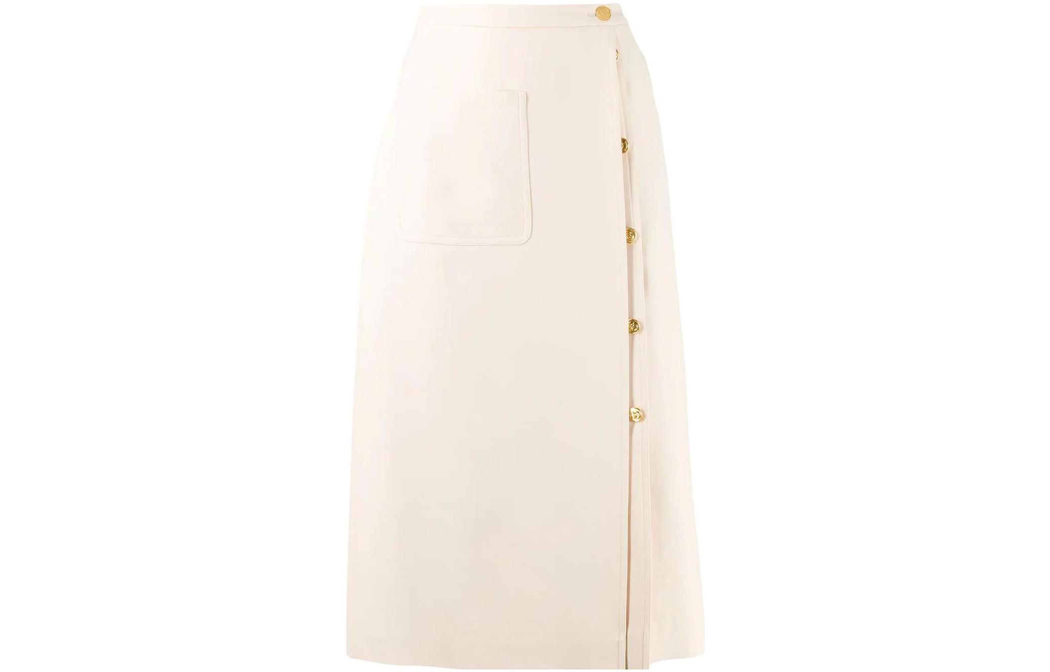 (Women) Gucci SS22 Solid Color Side Button Midi Skirt Off-White 602272-ZAD88-9205