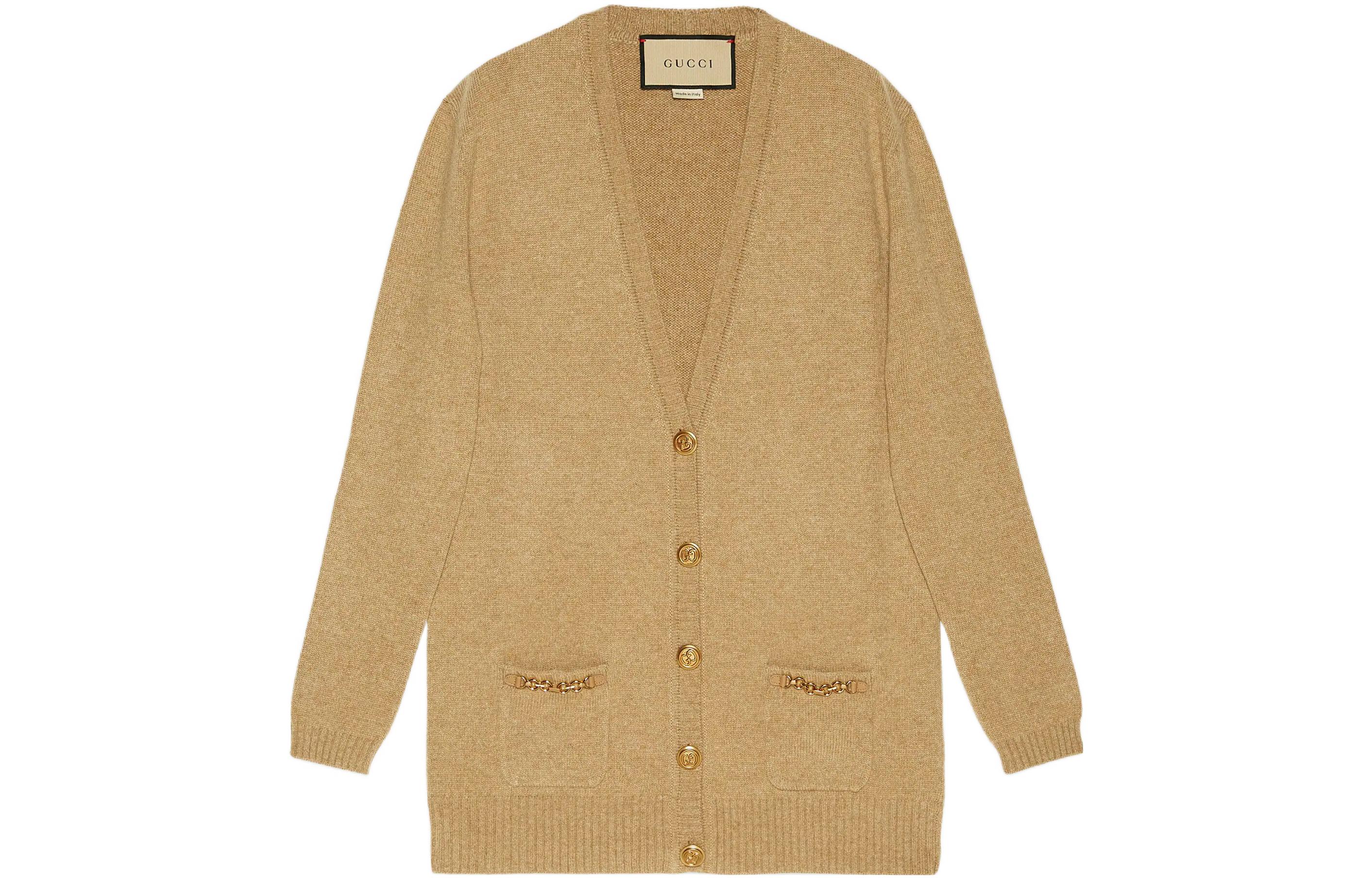 (Women) Gucci SS22 Solid V-Neck Knit Cardigan in Camel Brown 678441-XKB1R-2184