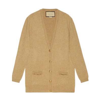 (Women) Gucci SS22 Solid V-Neck Knit Cardigan in Camel Brown 678441-XKB1R-2184