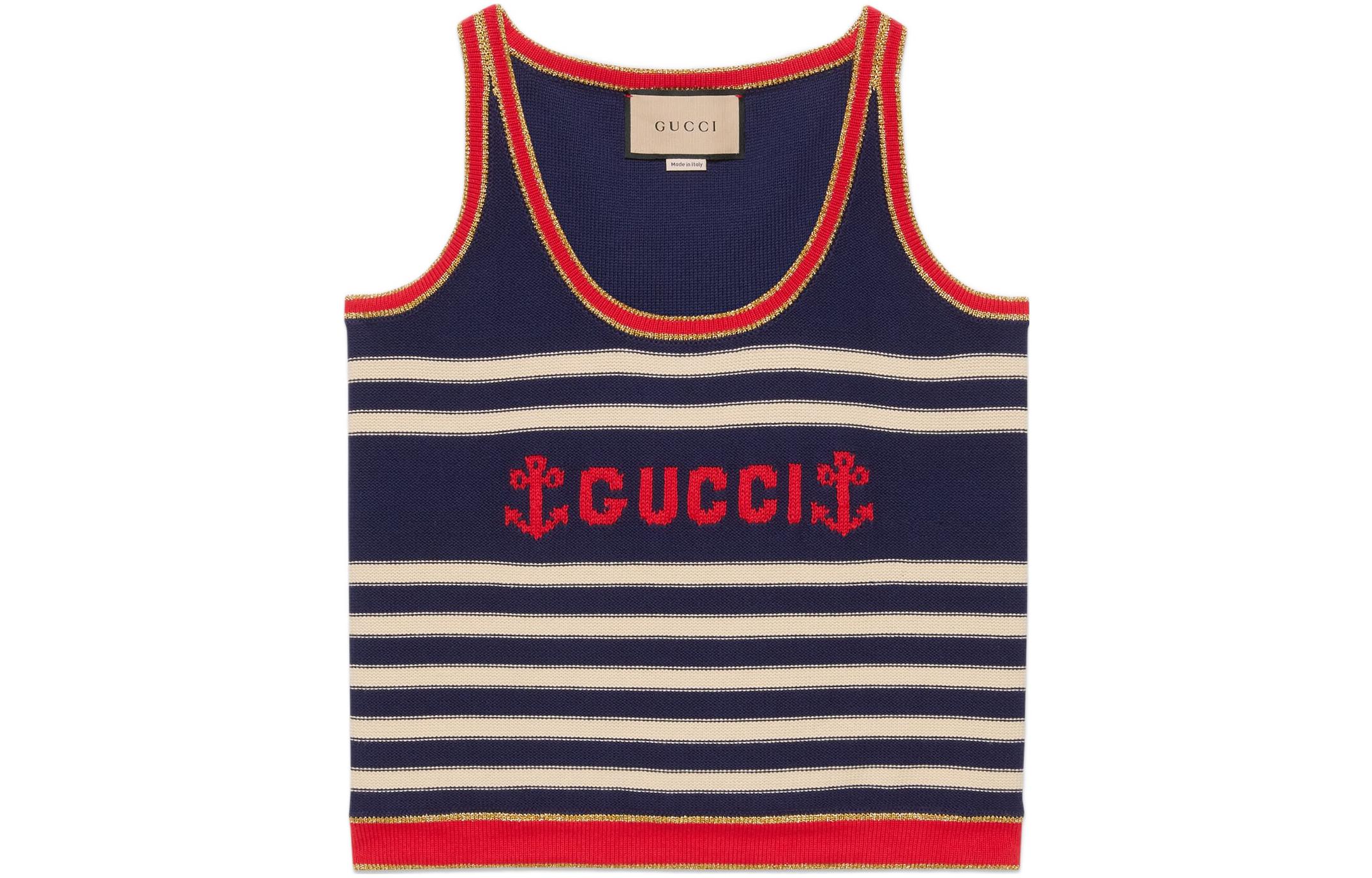 (Women) Gucci SS22 Striped Logo Print Sleeveless Vest Navy Blue 691670-XKCAP-9134