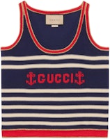 (Women) Gucci SS22 Striped Logo Print Sleeveless Vest Navy Blue 691670-XKCAP-9134 (Women) Gucci SS22 Striped Logo Print Sleeveless Vest Navy Blue 691670-XKCAP-9134