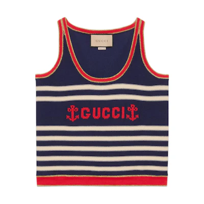(Women) Gucci SS22 Striped Logo Print Sleeveless Vest Navy Blue 691670-XKCAP-9134