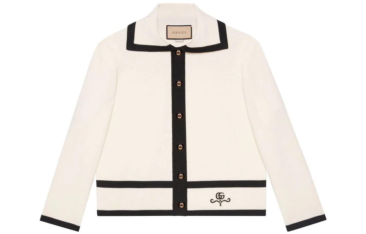 (Women) Gucci SS22 White Cardigan with Black Trim and Logo Embroidery 681307-XKB7S-9207