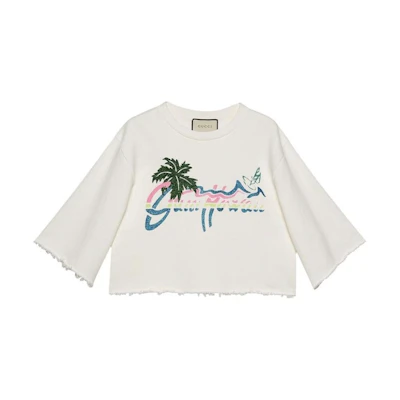 (Women) Gucci SS22 White Cartoon Landscape Crop Top T-Shirt 624626-XJCUE-1082