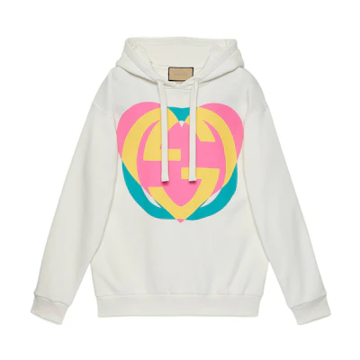 (Women) Gucci SS22 White Heart Print Loose Hoodie 615061-XJD6Z-9070