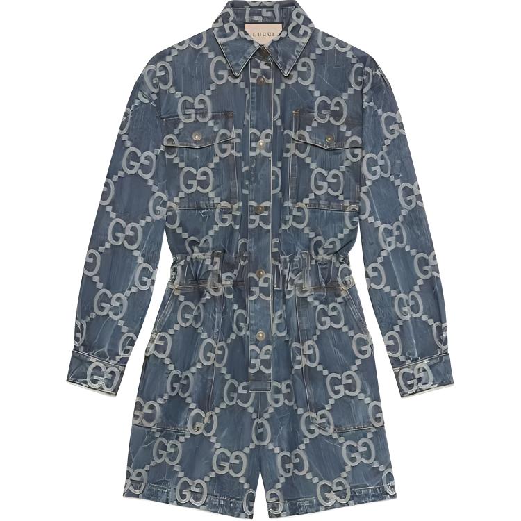 (Women) GUCCI SS22 Women’s Blue Long Sleeve Jumpsuit with Double G Monogram. 693175-XDBY9-4492