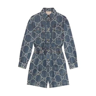 (Women) GUCCI SS22 Women’s Blue Long Sleeve Jumpsuit with Double G Monogram. 693175-XDBY9-4492