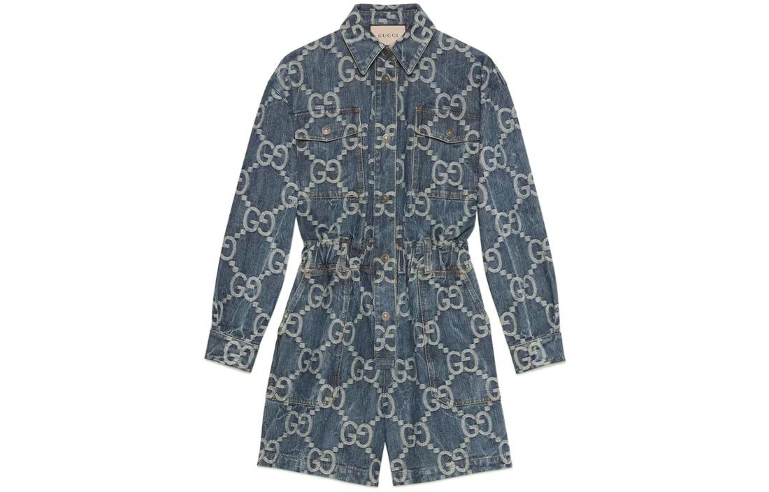 Order (Women) GUCCI SS22 Women’s Blue Long Sleeve Jumpsuit with Double G Monogram. 693175-XDBY9-4492