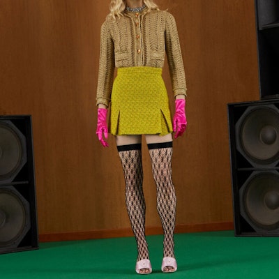 (W) GUCCI SS22 イエローツイードプリーツミニスカート カジュアルスタイル 690942-ZAILE-7346 Lookbook (W) GUCCI SS22 イエローツイードプリーツミニスカート カジュアルスタイル 690942-ZAILE-7346