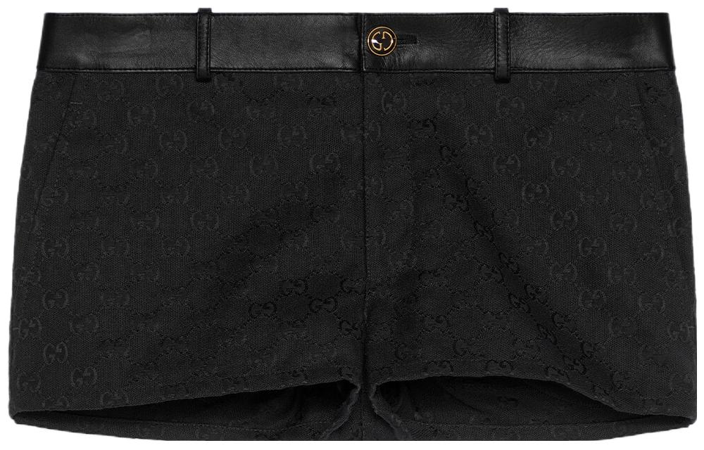(Women) GUCCI SS23  Black Logo Pattern Button Shorts with Leather Trim. 681154-Z8BDJ-1000