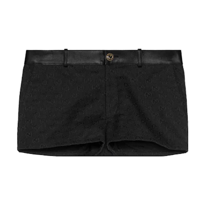 (Women) GUCCI SS23 Black Logo Pattern Button Shorts with Leather Trim. 681154-Z8BDJ-1000