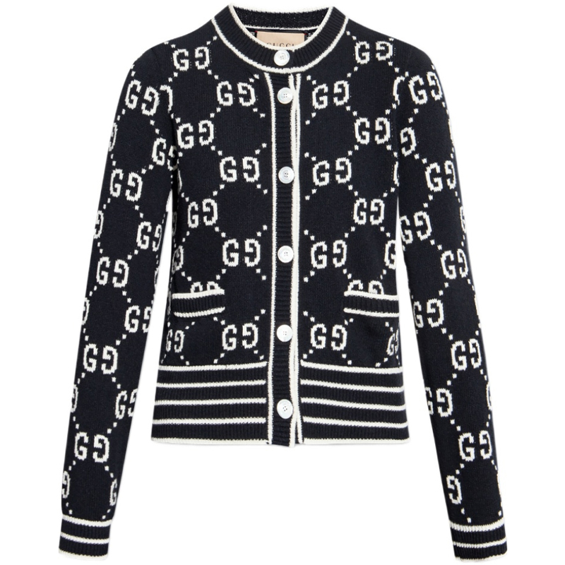 (Women) GUCCI SS23  Black Striped Logo Print Knit Sweater. 753917-XKCAN-1289
