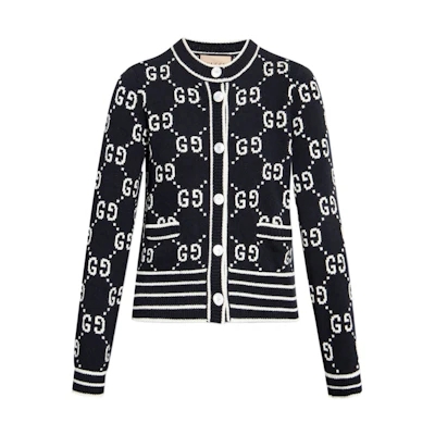 (Women) GUCCI SS23 Black Striped Logo Print Knit Sweater. 753917-XKCAN-1289