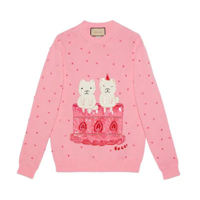 (Women) GUCCI SS23 Pink Crewneck Sweater with Embroidered Pattern. 735372-XKC25-5307