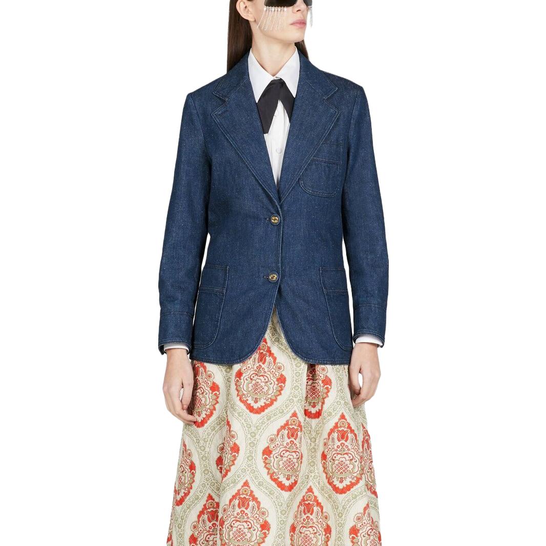 Lookbook (W) GUCCI SS23 單排扣休閒長袖西裝外套 靛藍色 743230-XDCGS-4100