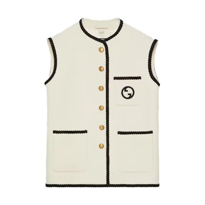 (Women) GUCCI SS23 White Single-Breasted Vest with Contrast Striped Trim. 747868-ZANIZ-9782