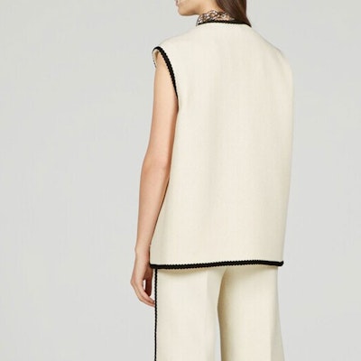 (Women) GUCCI SS23 White Single-Breasted Vest with Contrast Striped Trim. 747868-ZANIZ-9782 Details for (Women) GUCCI SS23 White Single-Breasted Vest with Contrast Striped Trim. 747868-ZANIZ-9782