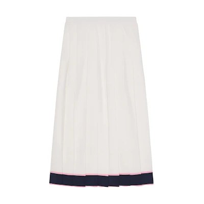 (Women) GUCCI SS23 White Striped Silk Pleated Midi Casual Skirt. 735390-XKC4P-9288