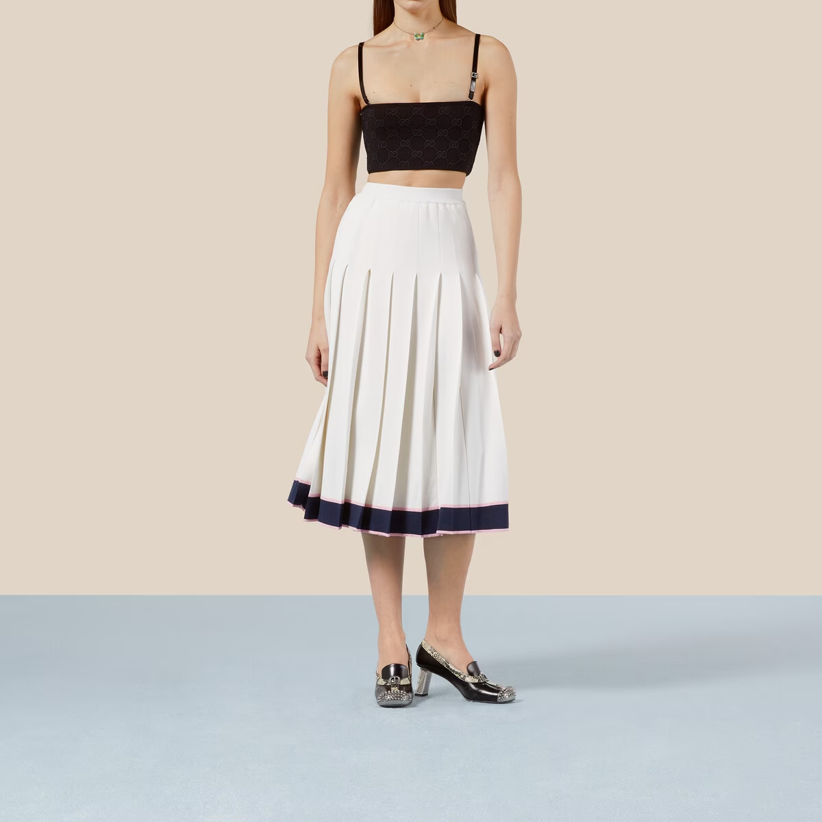 (Women) GUCCI SS23  White Striped Silk Pleated Midi Casual Skirt. 735390-XKC4P-9288 圖 4