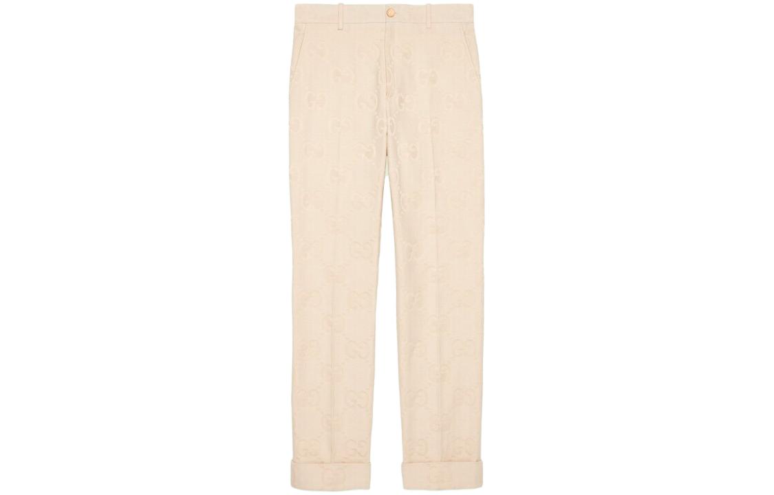 (Women) Gucci SS23 Beige Straight-Leg Logo Textured Print Casual Pants 690740-ZAHT6-9032