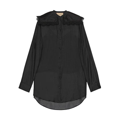 (Women) Gucci SS23 Black Lace-Panel Single-Breasted Sun Protection Shirt 731080-ZAL47-1000
