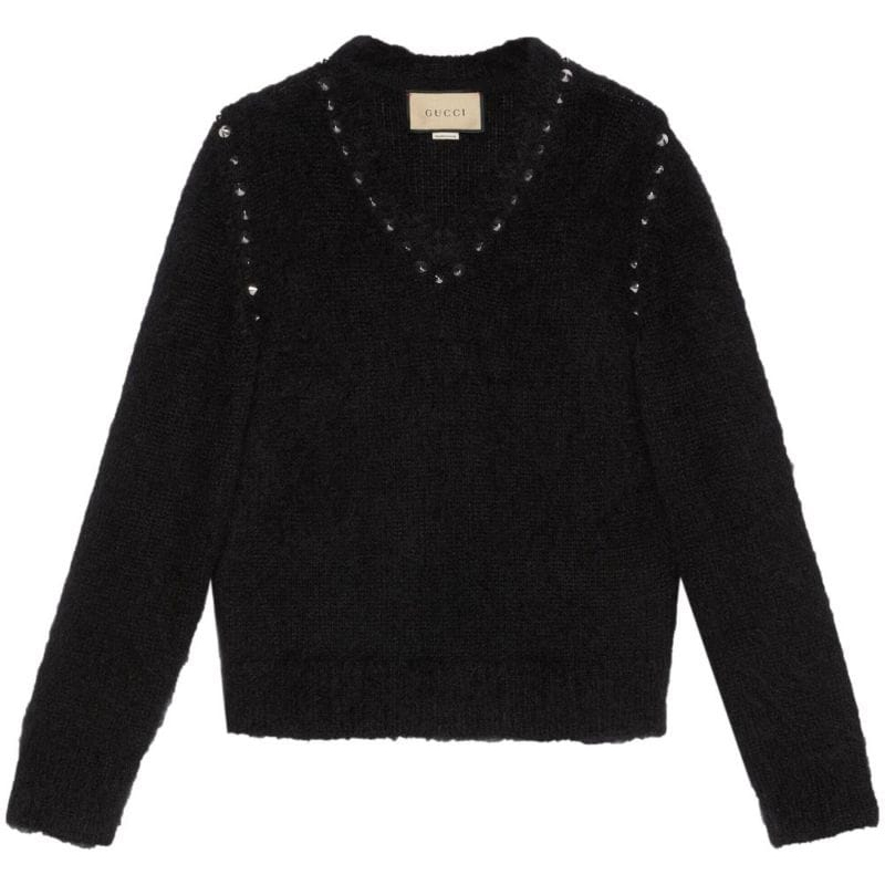(Women) Gucci SS23 Black Mohair Sweater with Studded Details for Women 721152-XKCQM-1043