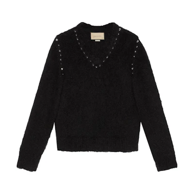 (Women) Gucci SS23 Black Mohair Sweater with Studded Details for Women 721152-XKCQM-1043