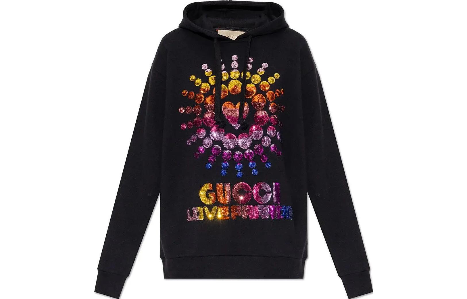 (Women) Gucci SS23 Black Sequin Heart Logo Drawstring Hoodie 615061-XJEN5-1134