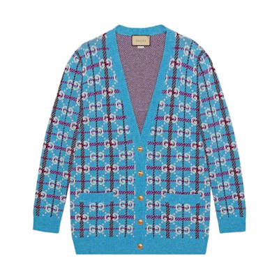 (Women) GUCCI SS23 Blue Plaid Logo Jacquard V-Neck Cardigan for Women 731585-XKC1H-4896