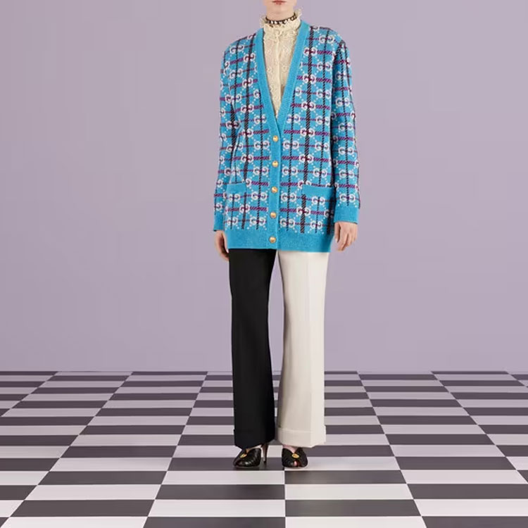 Lookbook (W) GUCCI SS23 蓝色格纹Logo提花V领针织开衫 女款 731585-XKC1H-4896