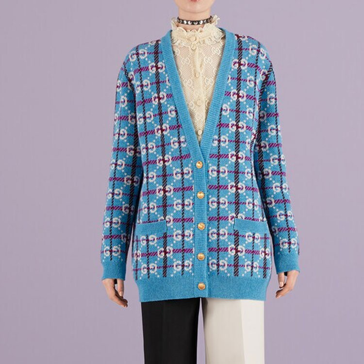 Shop (W) GUCCI SS23 蓝色格纹Logo提花V领针织开衫 女款 731585-XKC1H-4896