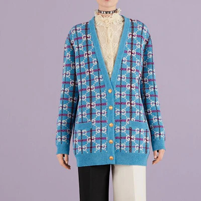 (W) GUCCI SS23 藍色格紋Logo提花V領針織外套 女裝 731585-XKC1H-4896 Shop (W) GUCCI SS23 藍色格紋Logo提花V領針織外套 女裝 731585-XKC1H-4896