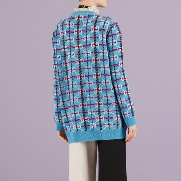 Purchase (W) GUCCI SS23 蓝色格纹Logo提花V领针织开衫 女款 731585-XKC1H-4896