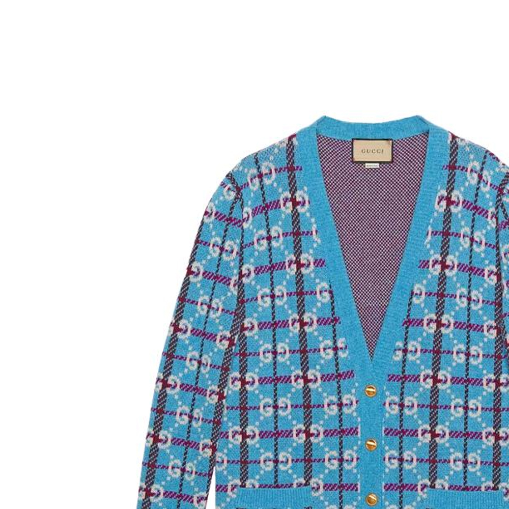 Details for (W) GUCCI SS23 蓝色格纹Logo提花V领针织开衫 女款 731585-XKC1H-4896