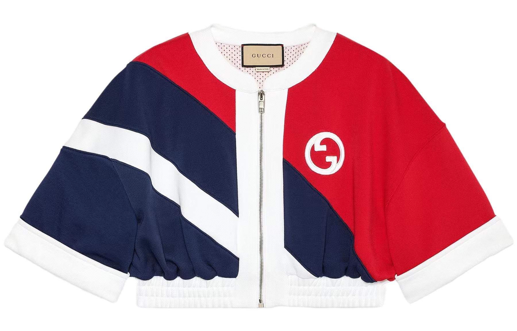Buy (W) 古驰 SS23 蓝红配色徽标印花短款拉链夹克 747025XJFUB9791