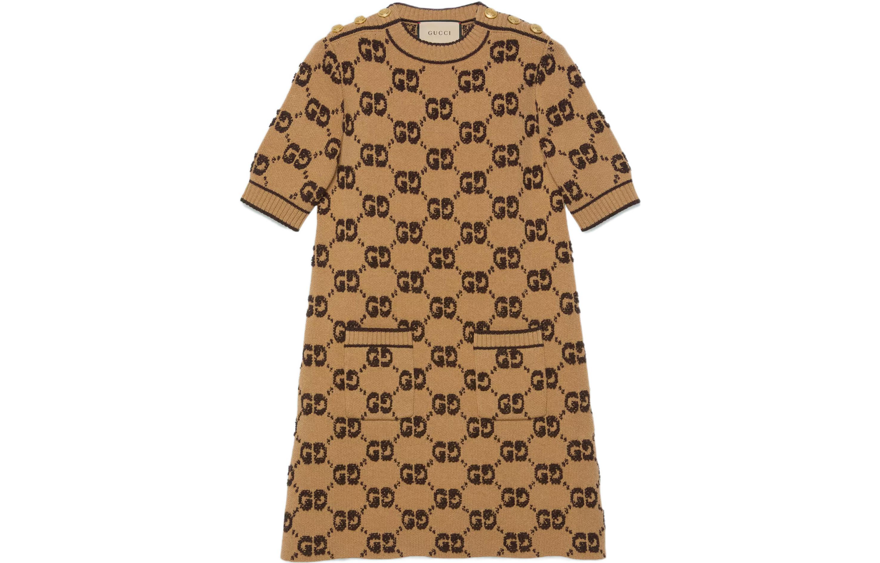 (Women) Gucci SS23 Camel Brown GG Jacquard Short-Sleeve Dress 718630-XKCNA-2668