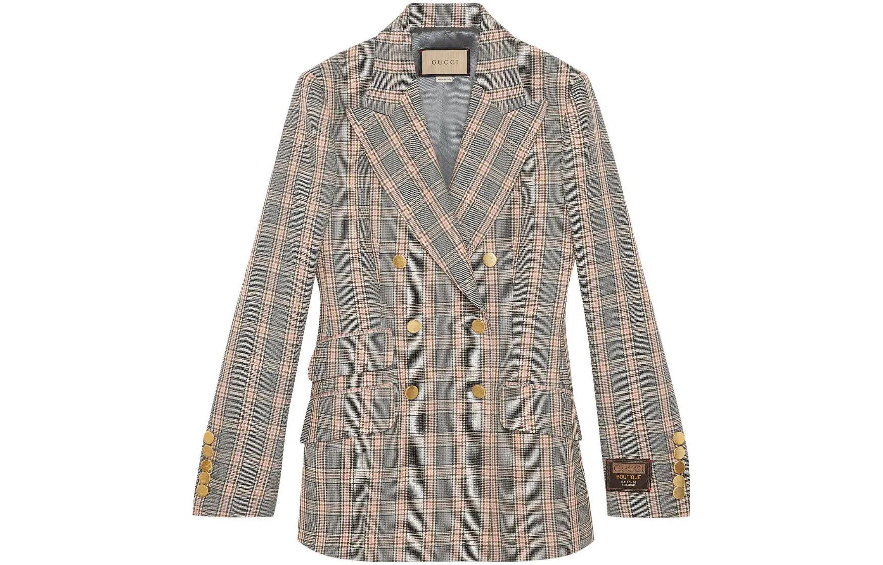 (Women) Gucci SS23 Colorblock Plaid Long Sleeve Blazer Khaki 756519-ZAM4A-2089
