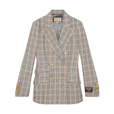 (Women) Gucci SS23 Colorblock Plaid Long Sleeve Blazer Khaki 756519-ZAM4A-2089