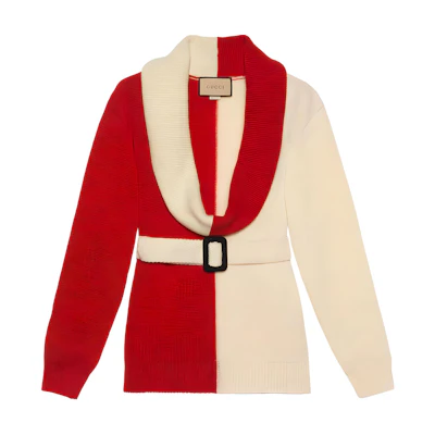 (Women) Gucci SS23 Colorblock Wool Sweater with Belt Off-White/Red 727145-XKCZA-9118
