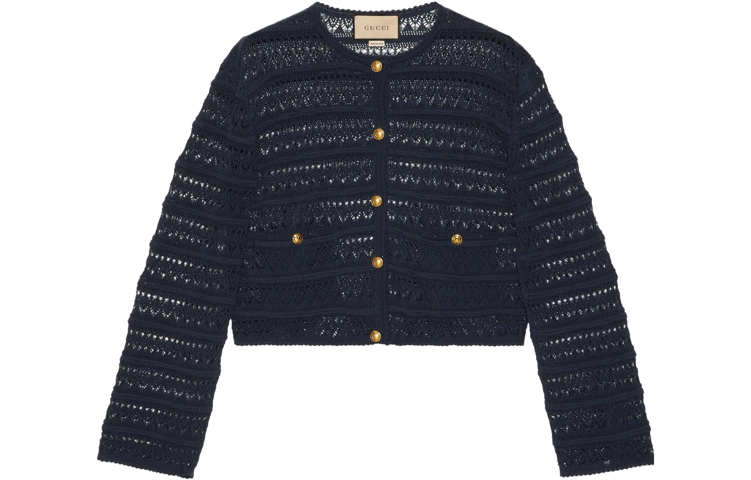 (Women) Gucci SS23 Dark Blue Solid Lace Knit Long Sleeve Sweater 743288-XKC2Y-4440