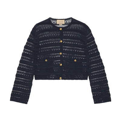 (Women) Gucci SS23 Dark Blue Solid Lace Knit Long Sleeve Sweater 743288-XKC2Y-4440