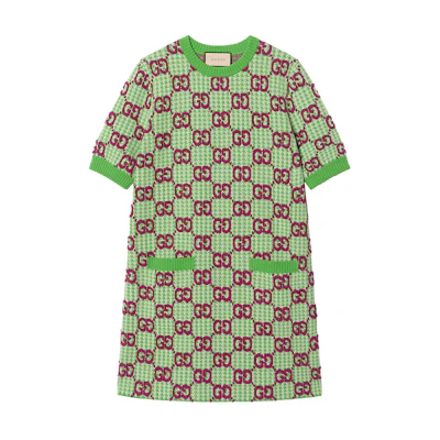 (Women) Gucci SS23 Green Houndstooth Knit Short Sleeve Dress 731014-XKCM8-3872
