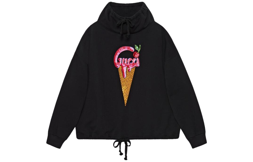 (Women) Gucci SS23 Ice Cream Crystal Embellished Black Hoodie 717417-XJE7N-1043